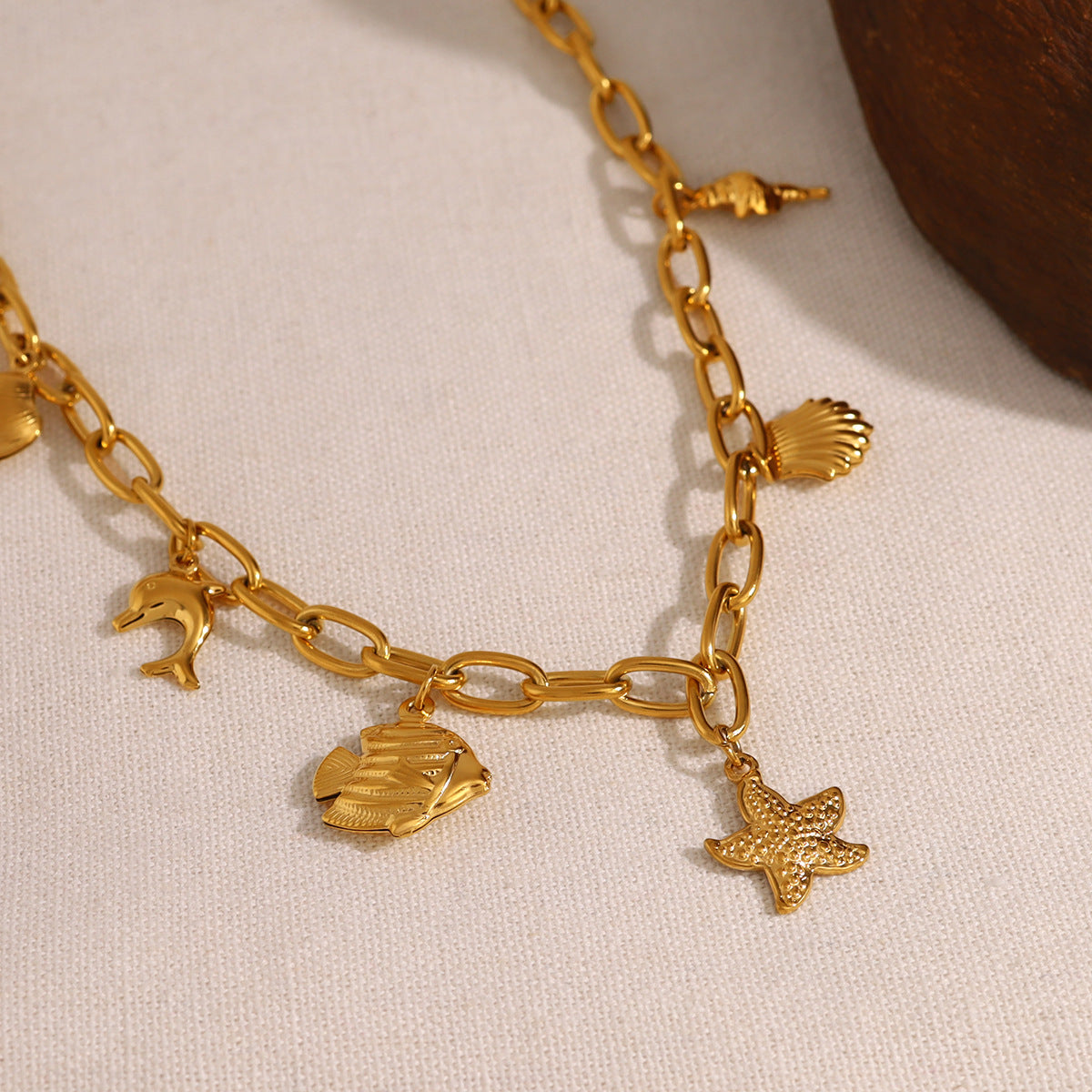 18K Gold Plated Titanium Steel Ocean-Inspired Starfish, Fish, Dolphin, Shell Pendant Necklace | Trendy Beach Jewelry