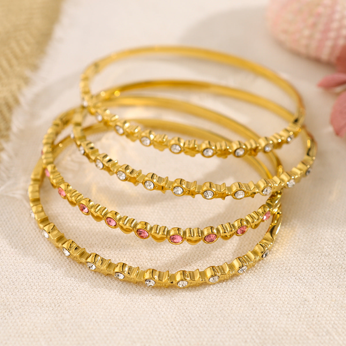 18K Gold Plated Stainless Steel Crystal Heart & Star Bangle Bracelet | Elegant Narrow Edge Cuff Jewelry for Women