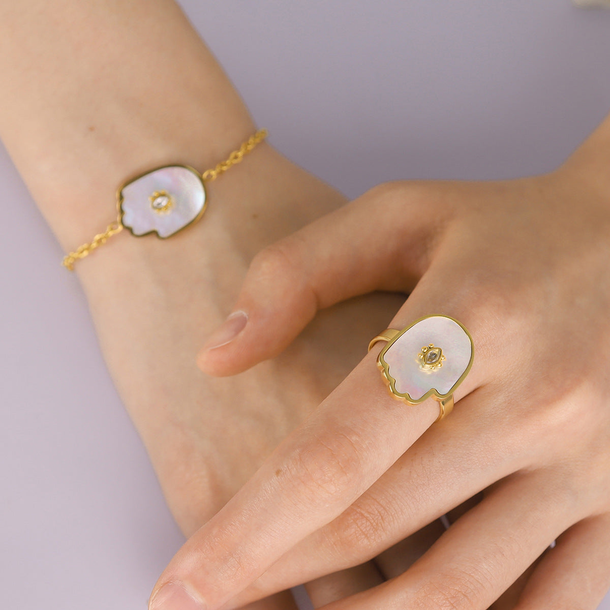 18K Gold Plated Stainless Steel Evil Eye Bracelet & Ring Set – Shell and Crystal Inlay | Fashion Protection Jewelry