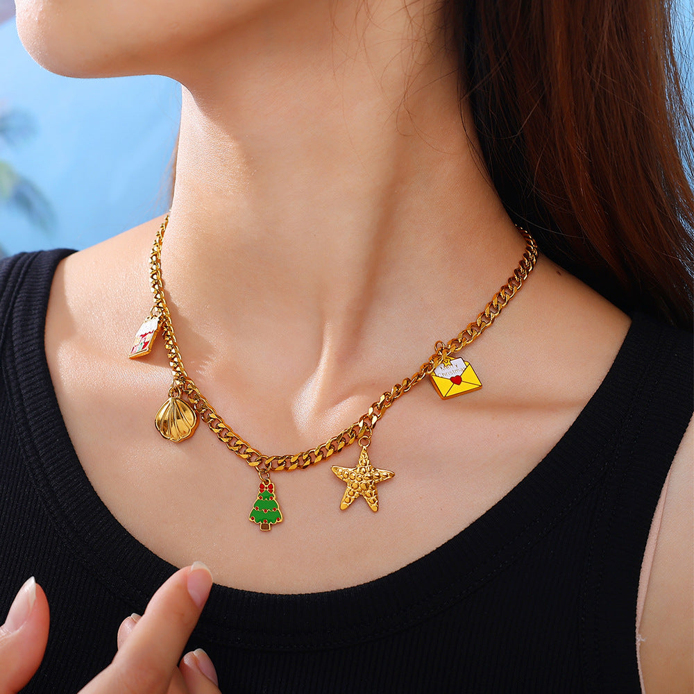 Gold Stainless Steel Christmas Holiday Pendant Tassel Necklace | Festive Fashion Jewelry