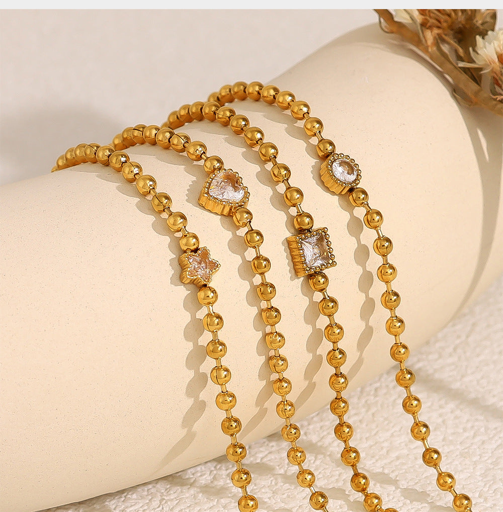 18K Gold Plated Titanium Steel Fashion Layered Small Gold Bead Chain Bracelet Set – Simple Geometric Designs with Crystal Inlays, Heart and Star Pendants