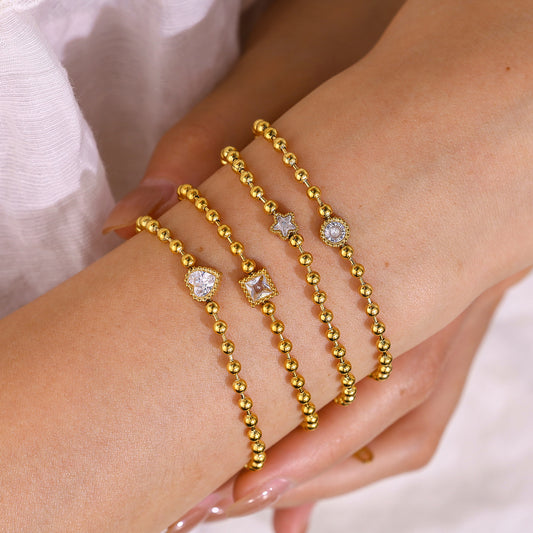 18K Gold Plated Titanium Steel Fashion Layered Small Gold Bead Chain Bracelet Set – Simple Geometric Designs with Crystal Inlays, Heart and Star Pendants