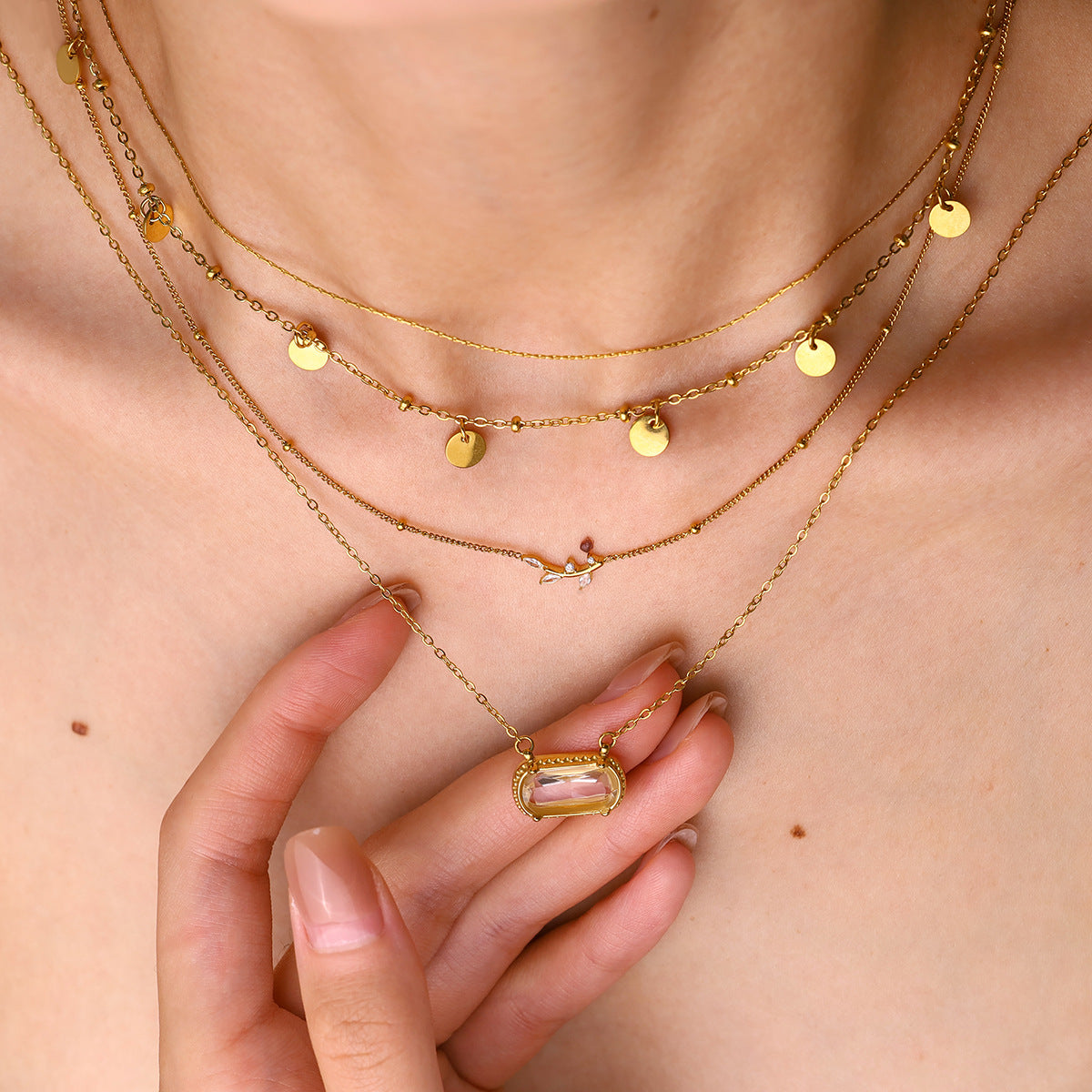 18K Gold Plated Titanium Steel Crystal Pendant Multi-layer Necklace Set - Fashion Jewelry