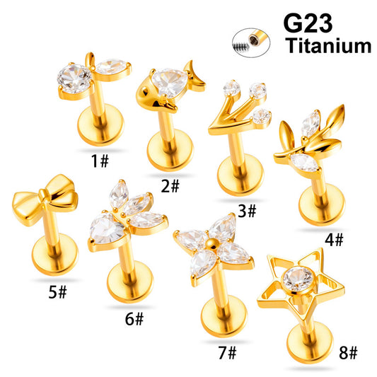 F136/G23 Titanium Star, Leaf, Flower, Fish, Bow Zircon Internally Threaded Labret & Cartilage Piercing Jewelry