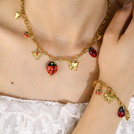 18K Gold Plated Titanium Steel Nature Insect Series Ladybug Butterfly Bee Pendant Necklace & Bracelet Set