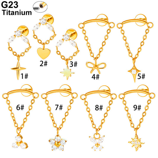 G23 Titanium Piercing with Butterfly, Heart, Star, and Chain Zircon Pendants – Threaded Flat-Top Lip & Cartilage Piercing Earring Jewelry