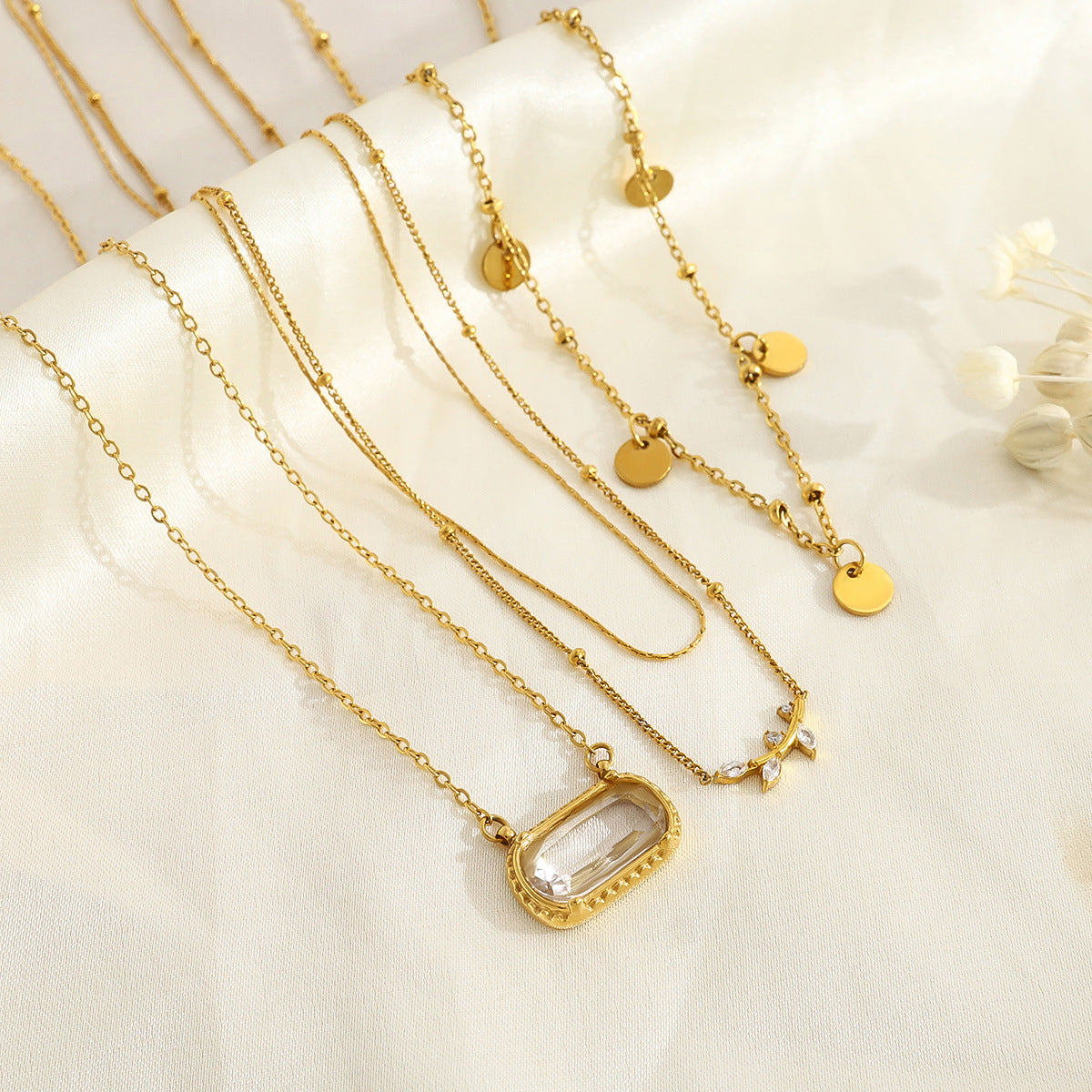 18K Gold Plated Titanium Steel Crystal Pendant Multi-layer Necklace Set - Fashion Jewelry