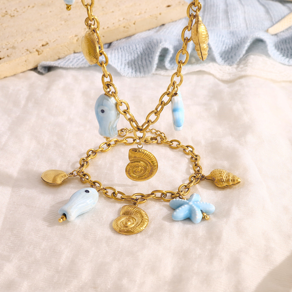 18K Gold Plated Stainless Steel Creative Ocean Style Starfish, Shell, and Seahorse Pendant Necklace & Bracelet Set