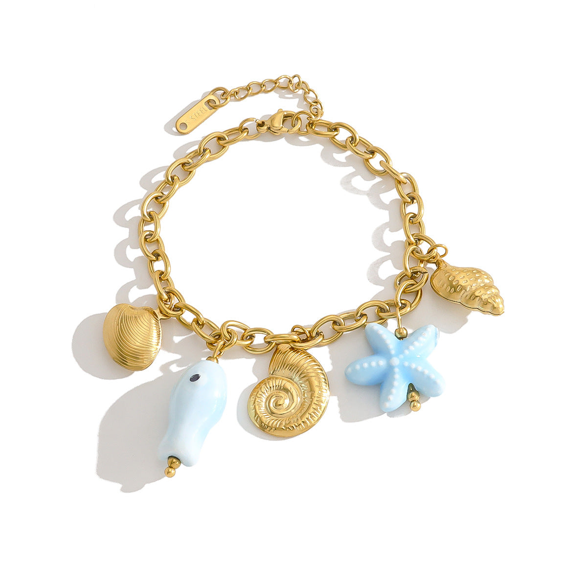 18K Gold Plated Stainless Steel Creative Ocean Style Starfish, Shell, and Seahorse Pendant Necklace & Bracelet Set