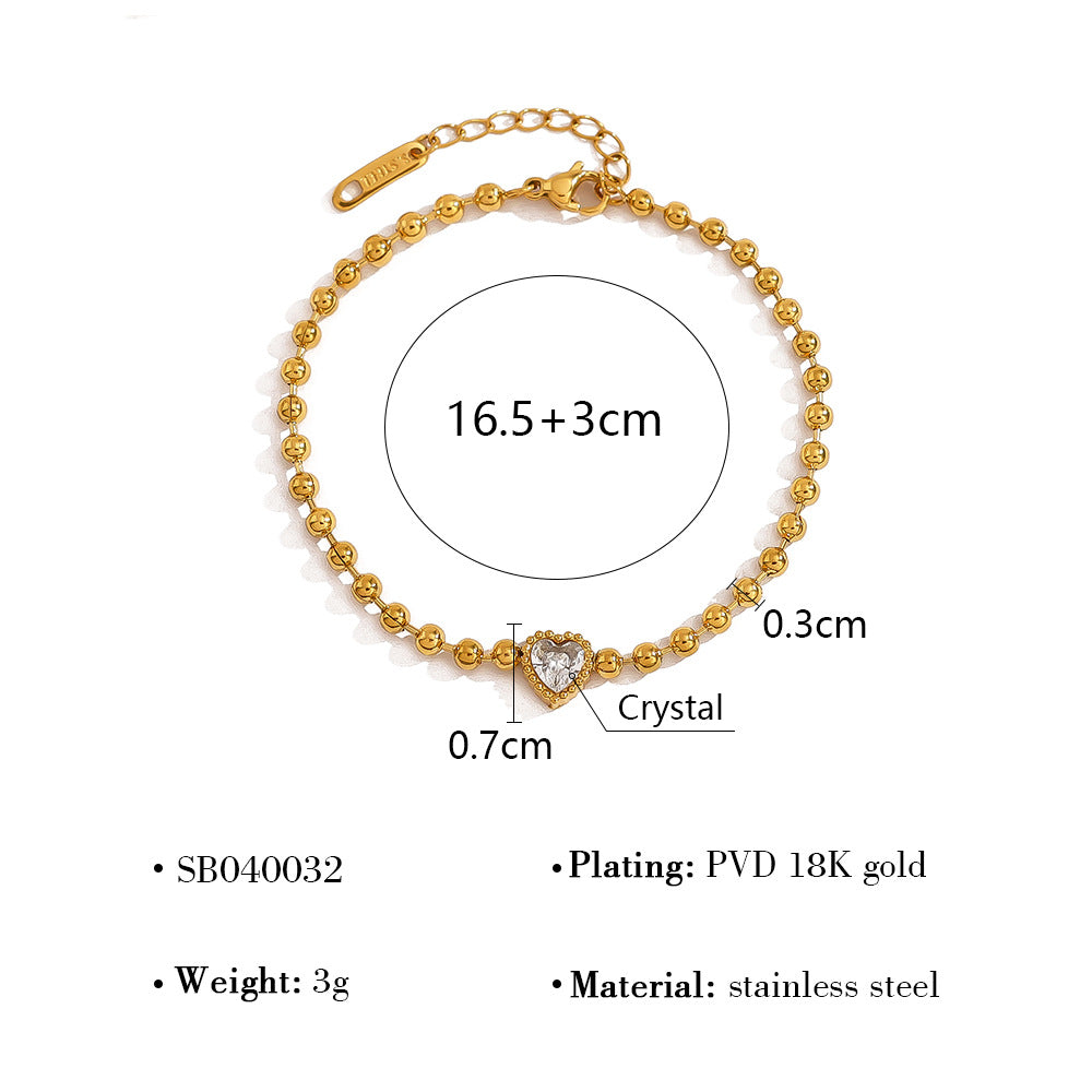 18K Gold Plated Titanium Steel Fashion Layered Small Gold Bead Chain Bracelet Set – Simple Geometric Designs with Crystal Inlays, Heart and Star Pendants