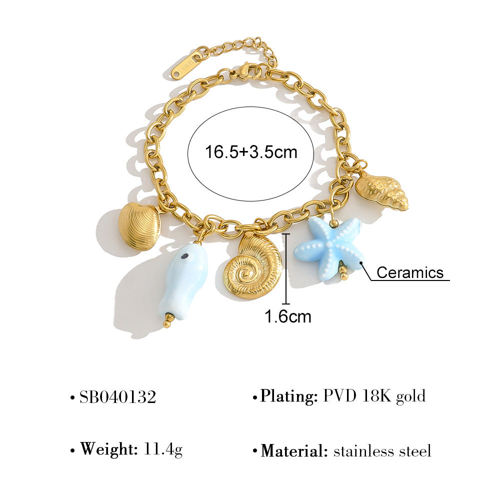 18K Gold Plated Stainless Steel Creative Ocean Style Starfish, Shell, and Seahorse Pendant Necklace & Bracelet Set