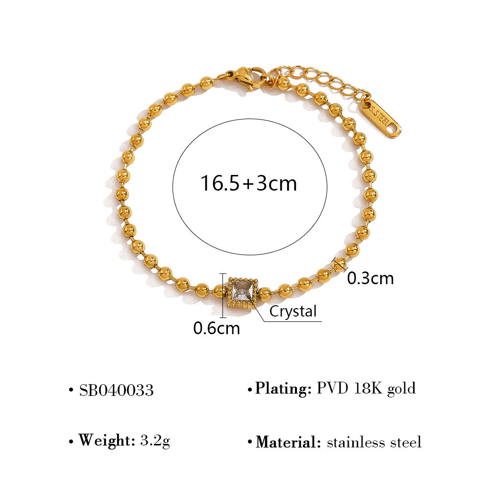 18K Gold Plated Titanium Steel Fashion Layered Small Gold Bead Chain Bracelet Set – Simple Geometric Designs with Crystal Inlays, Heart and Star Pendants