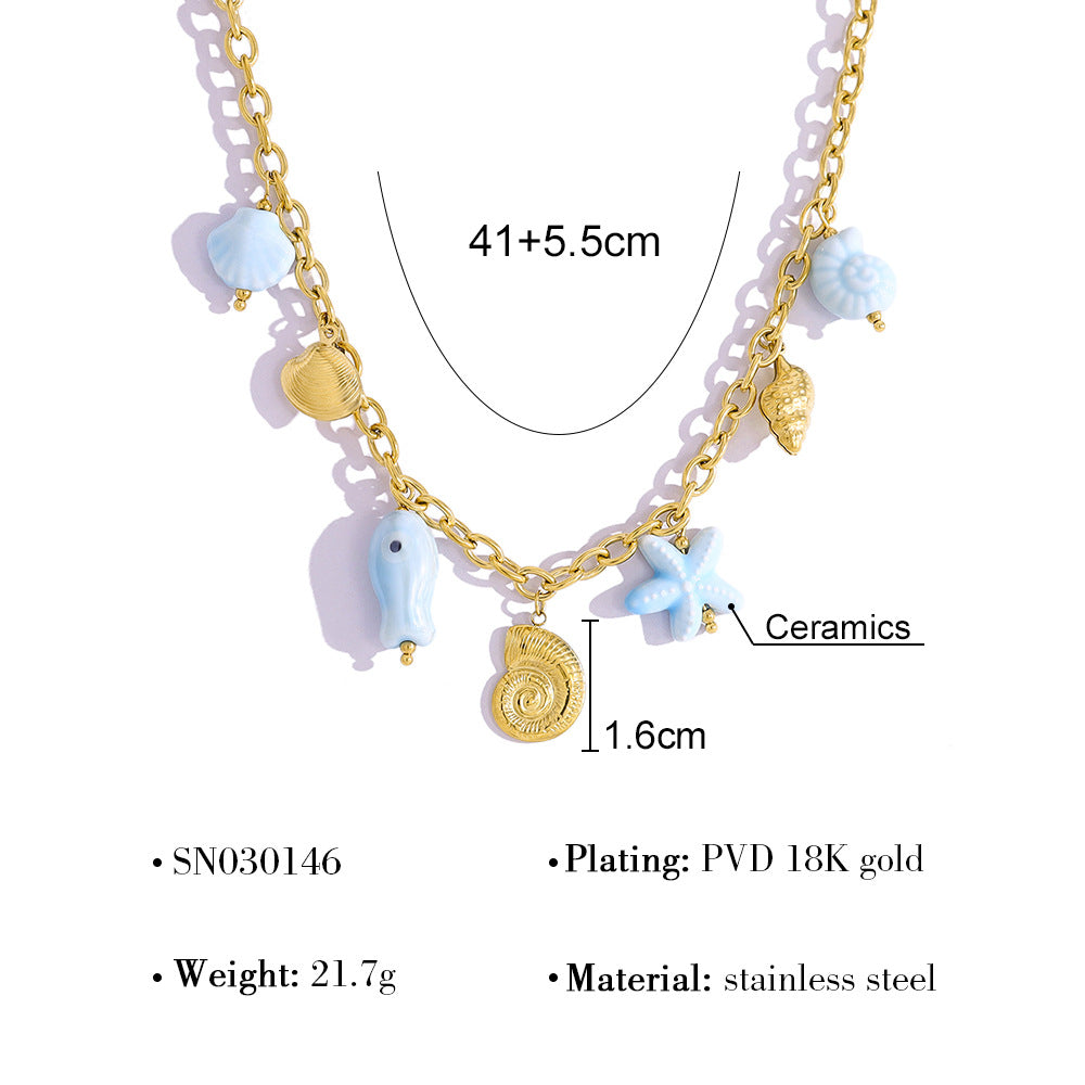 18K Gold Plated Stainless Steel Creative Ocean Style Starfish, Shell, and Seahorse Pendant Necklace & Bracelet Set
