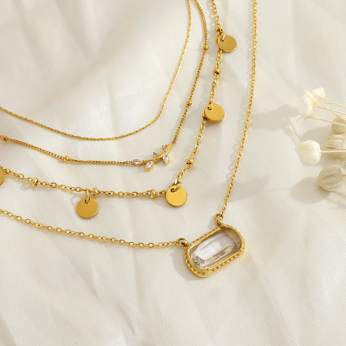 18K Gold Plated Titanium Steel Crystal Pendant Multi-layer Necklace Set - Fashion Jewelry
