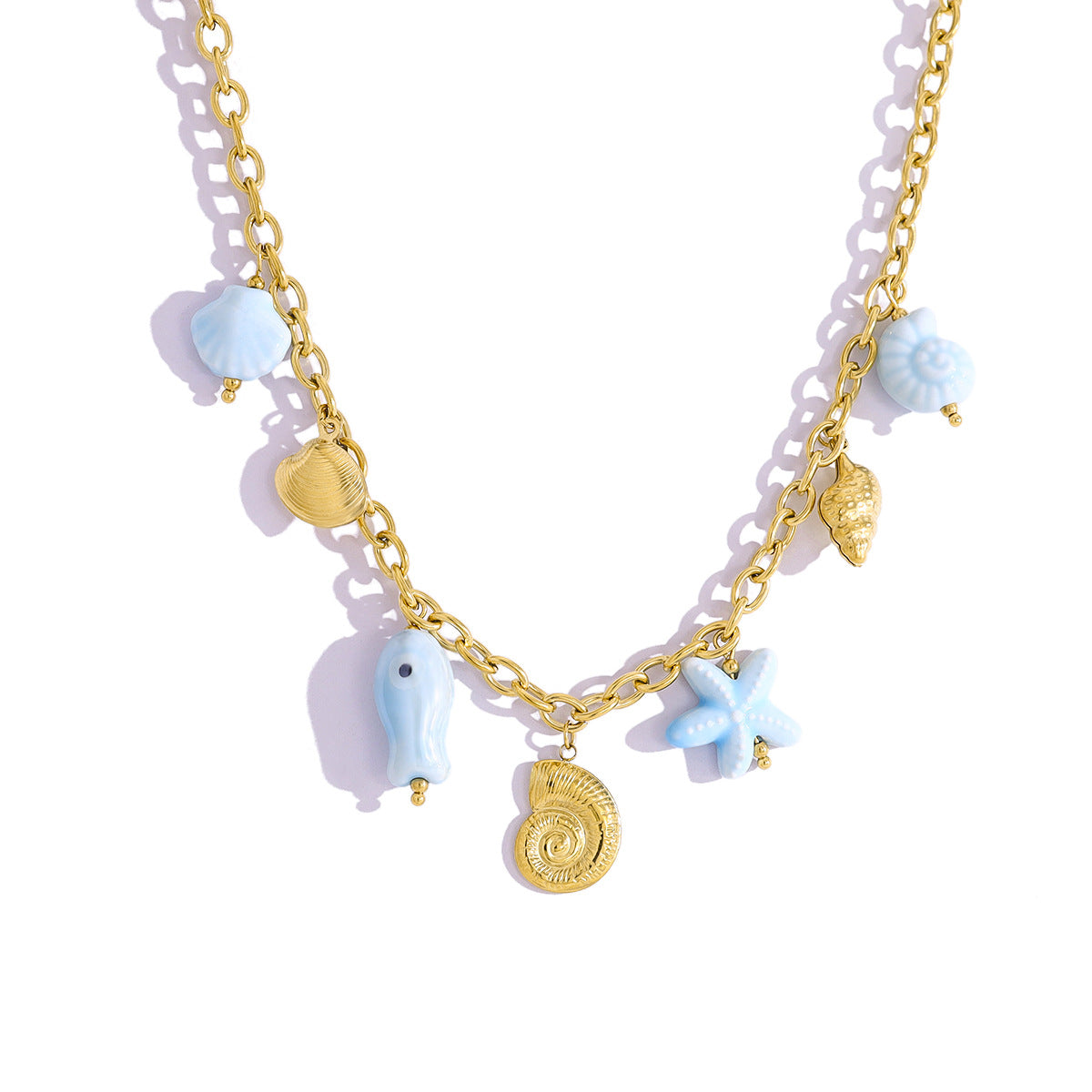 18K Gold Plated Stainless Steel Creative Ocean Style Starfish, Shell, and Seahorse Pendant Necklace & Bracelet Set