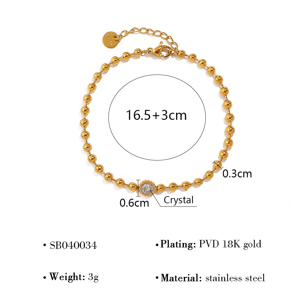 18K Gold Plated Titanium Steel Fashion Layered Small Gold Bead Chain Bracelet Set – Simple Geometric Designs with Crystal Inlays, Heart and Star Pendants