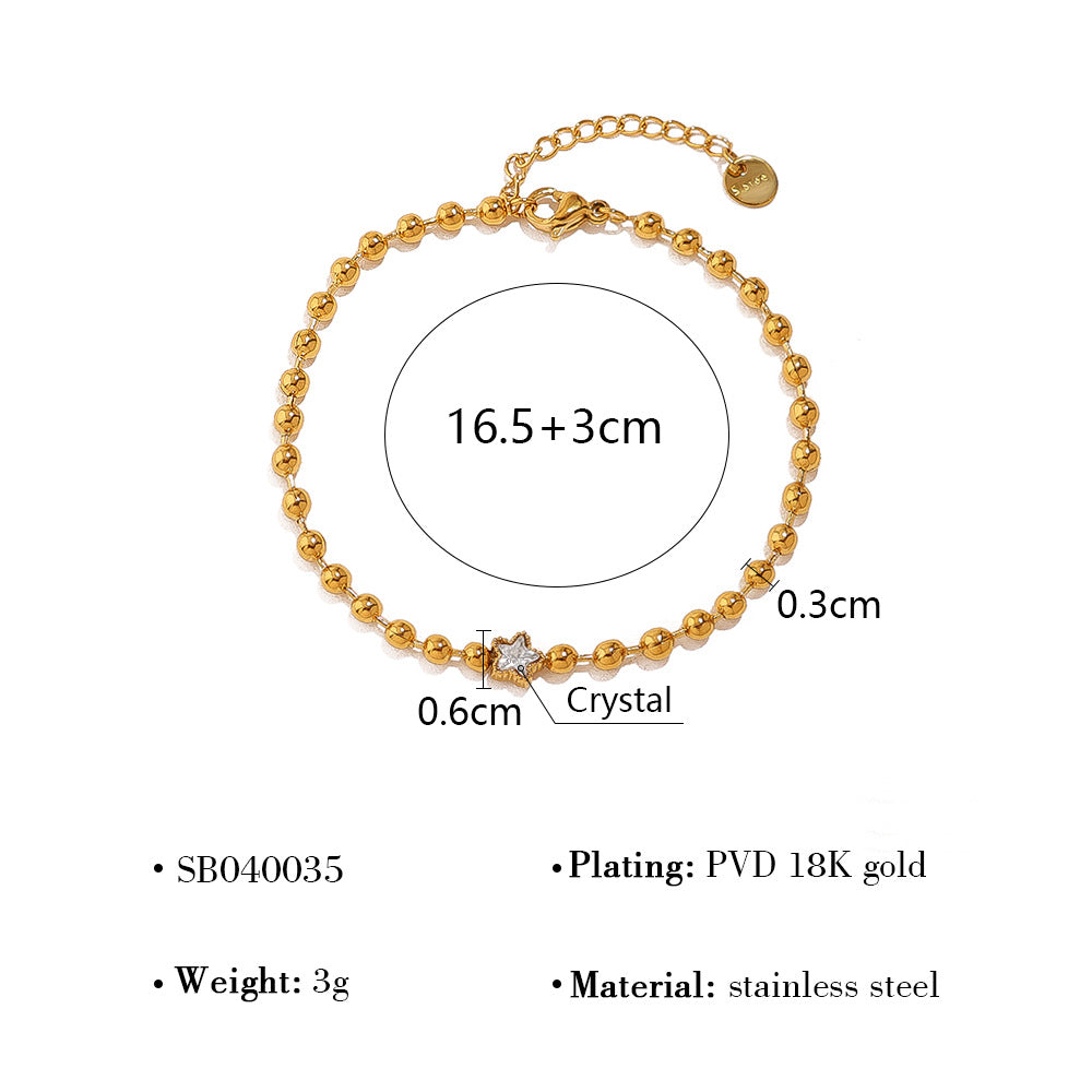 18K Gold Plated Titanium Steel Fashion Layered Small Gold Bead Chain Bracelet Set – Simple Geometric Designs with Crystal Inlays, Heart and Star Pendants