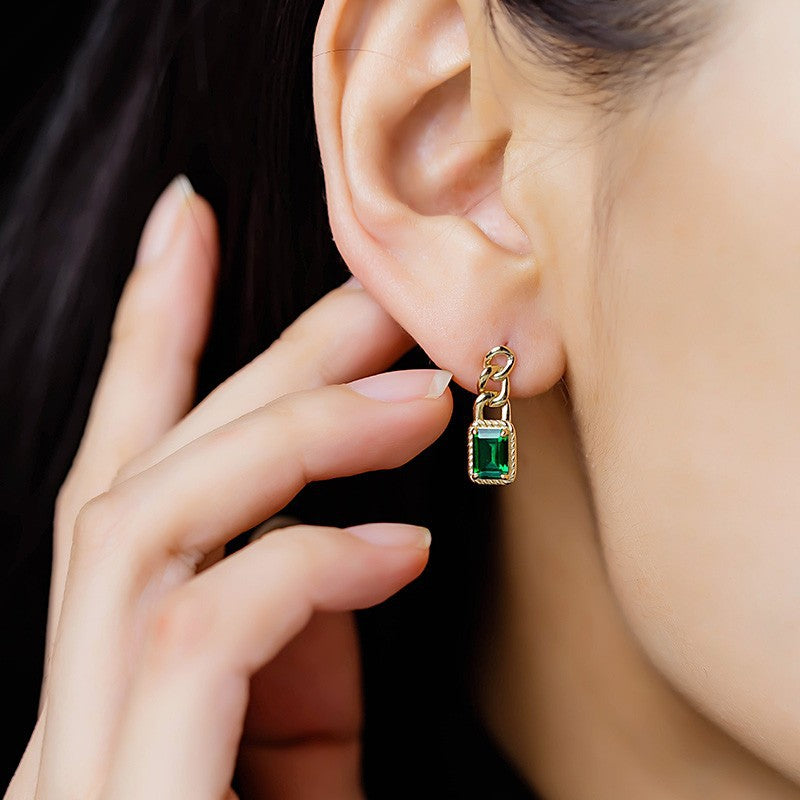 14K Gold Rectangular Emerald Twisted Cuban Chain Earrings(Pair)