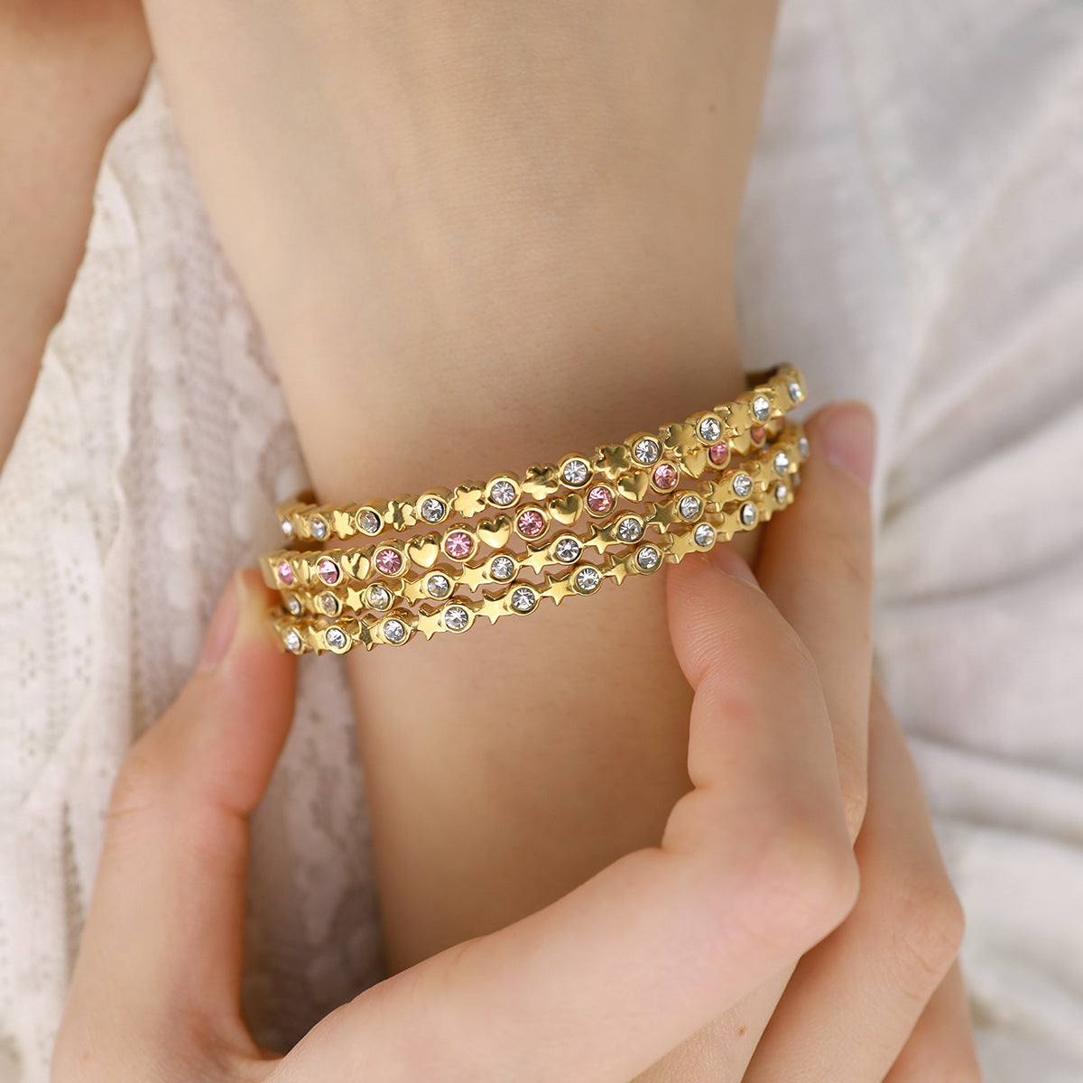 18K Gold Plated Stainless Steel Crystal Heart & Star Bangle Bracelet | Elegant Narrow Edge Cuff Jewelry for Women