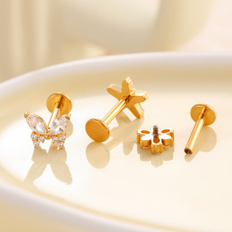 F136 Titanium Butterfly Star Moon Lip & Cartilage Stud with CZ | Internally Threaded