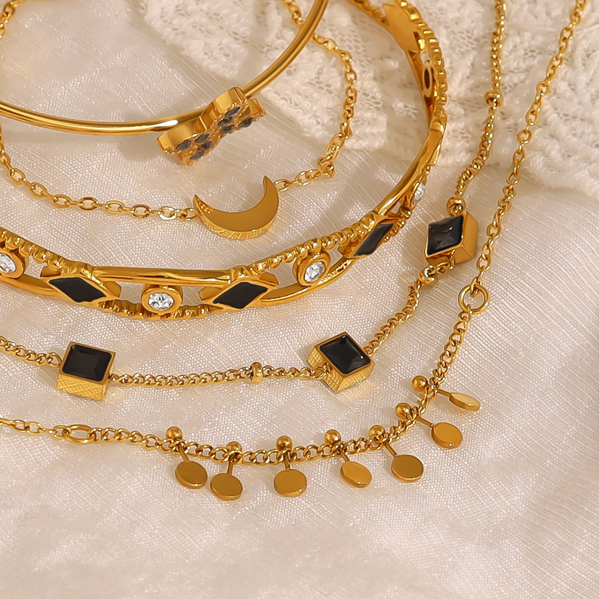 18K Gold Plated Titanium Steel Crystal Moon & Cross Pendant Bracelet | Elegant Fashion Jewelry