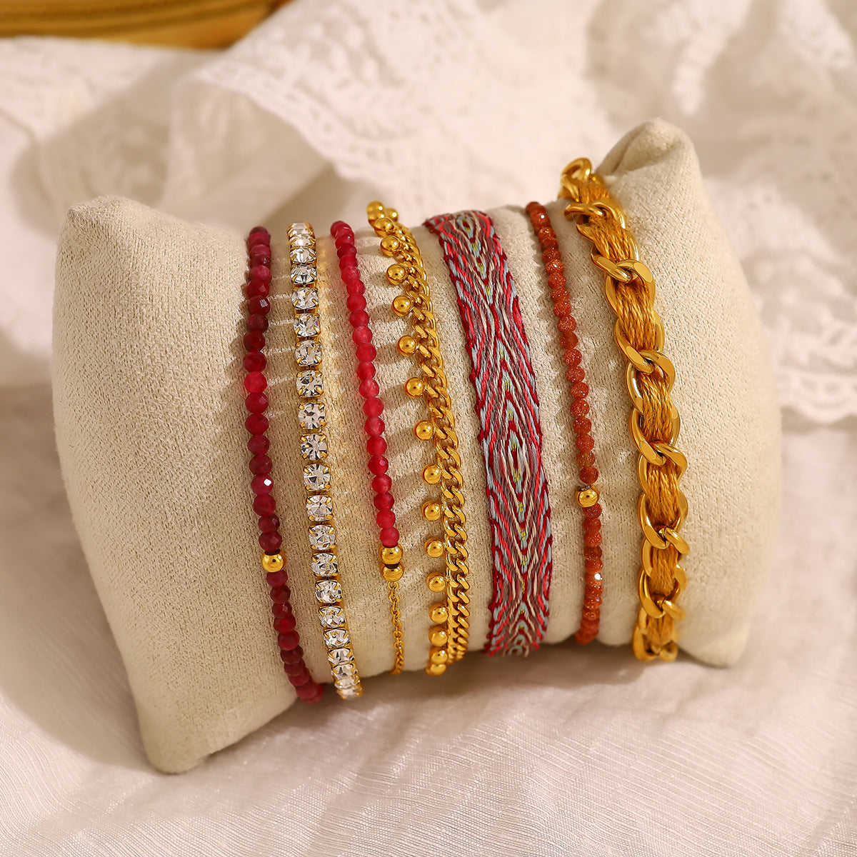 18K Gold Plated Stainless Steel Beaded Layered Bracelet Collection – Crystal, Amethyst & Gold Sandstone Chain Jewelry for Women