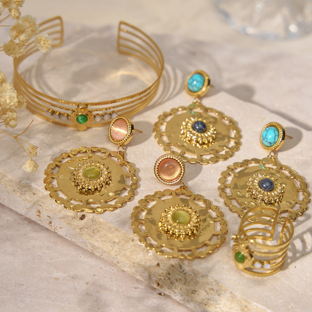 Natural Stone Floral Hoop Earrings – Stainless Steel Turquoise & Opal Drop Earrings for Women