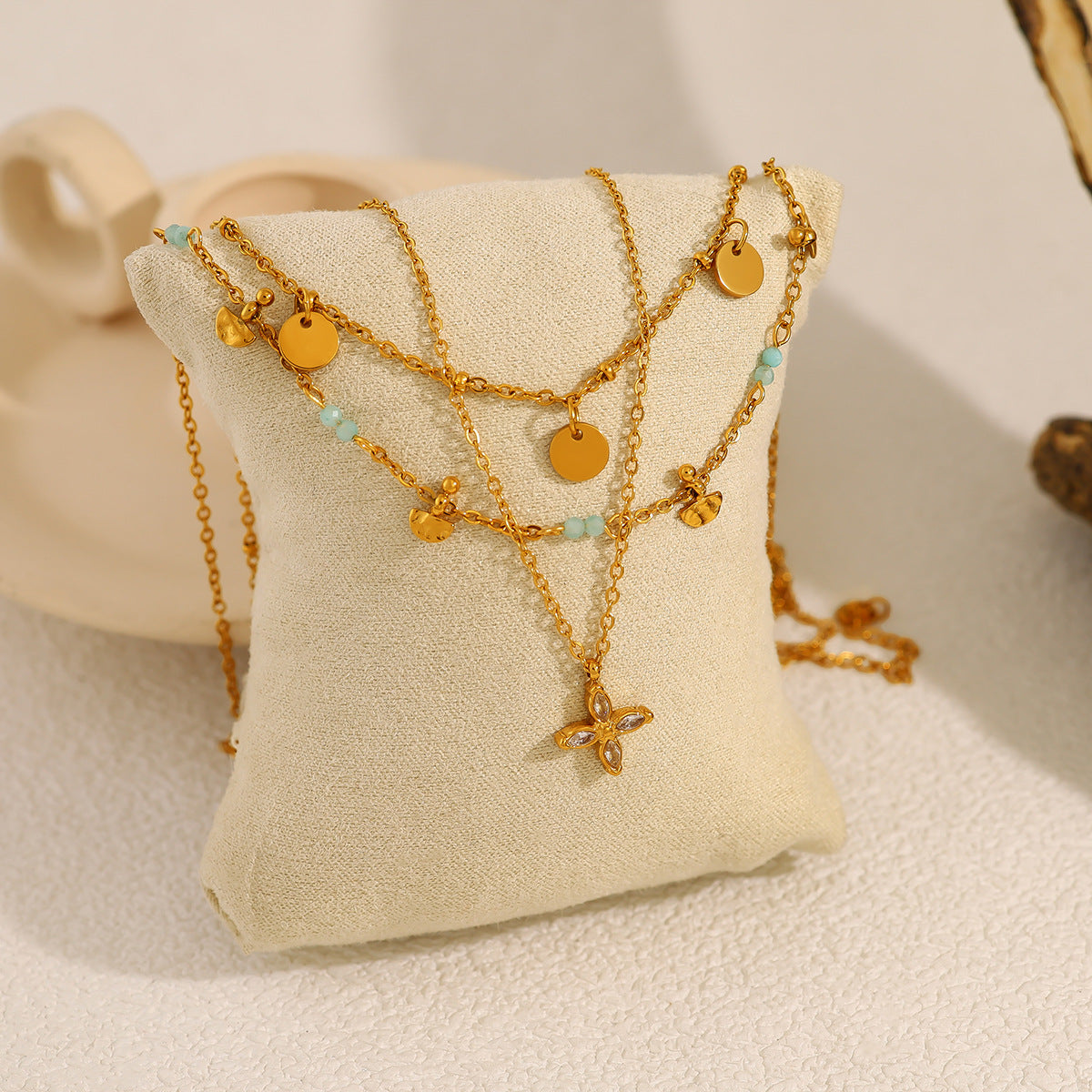 18K Gold Plated Titanium Steel Vintage Fan-Shaped, Round Disc, and Four-Leaf Clover Layered Necklaces | Stylish Fashion Jewelry