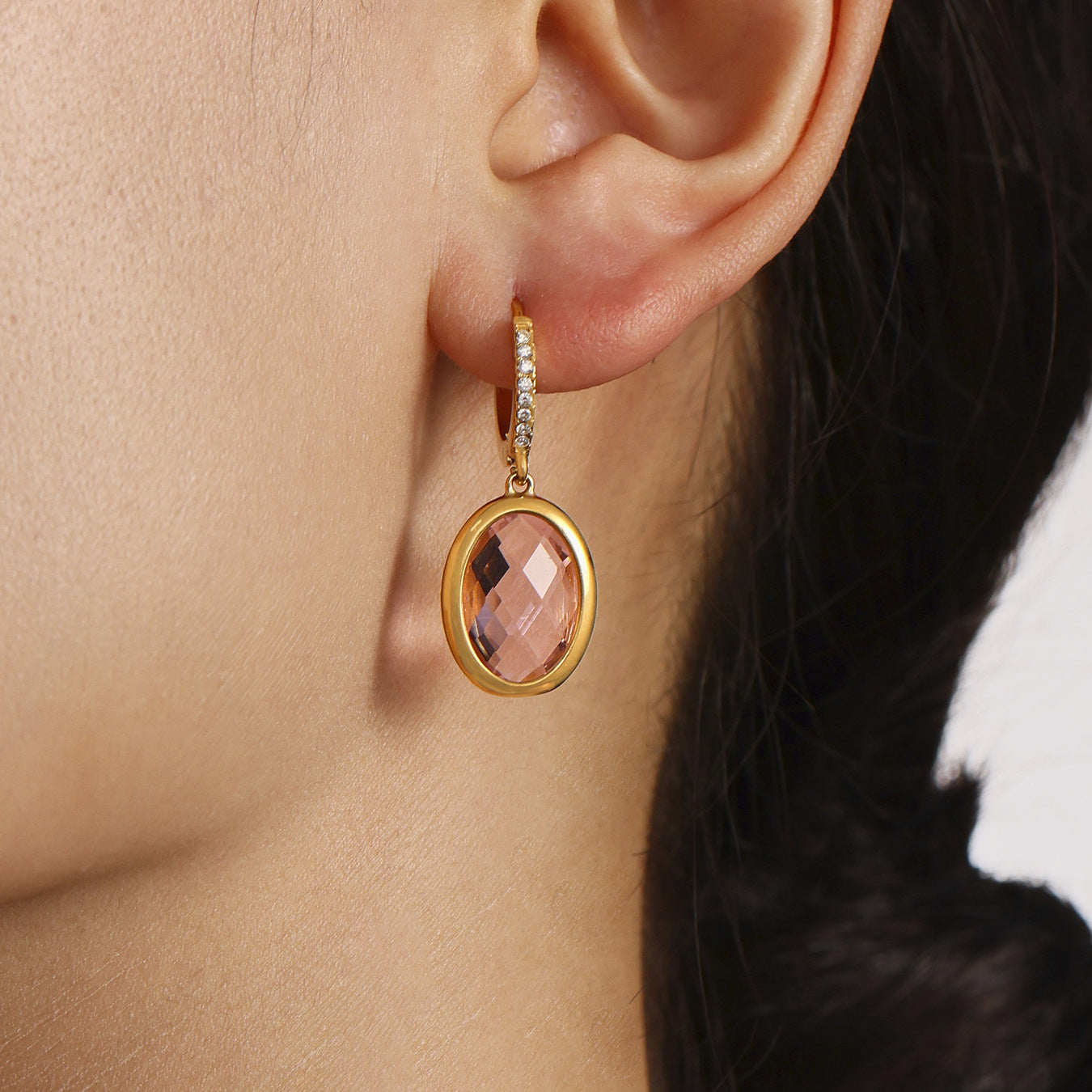 Colorful Oval Glass Stone Stainless Steel Drop Earrings – Elegant Lightweight Statement Jewelry | WANTI Jewelry