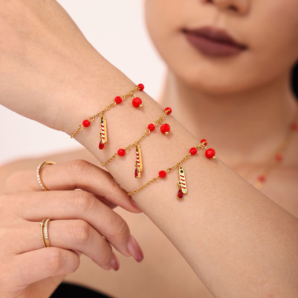 Gold Stainless Steel Christmas Candy Apple Multi-Layer Necklace, Bracelet & Asymmetric Earrings – Holiday Jewelry Gift Set