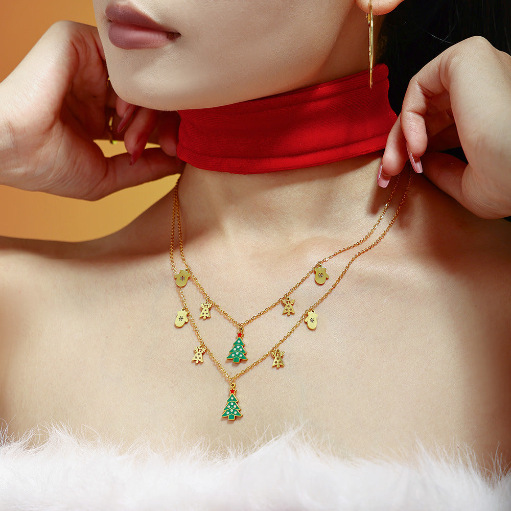 Gold Stainless Steel Christmas Necklace | Green Christmas Tree Pendant with Oil Drop & Zircon