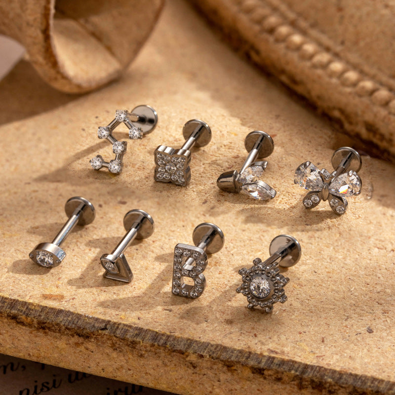 G23 Titanium Internally Threaded CZ Cartilage Stud Earrings – Butterfly, Letter, Sun & Other Shapes – Hypoallergenic Body Piercing Jewelry for Helix, Tragus, Conch