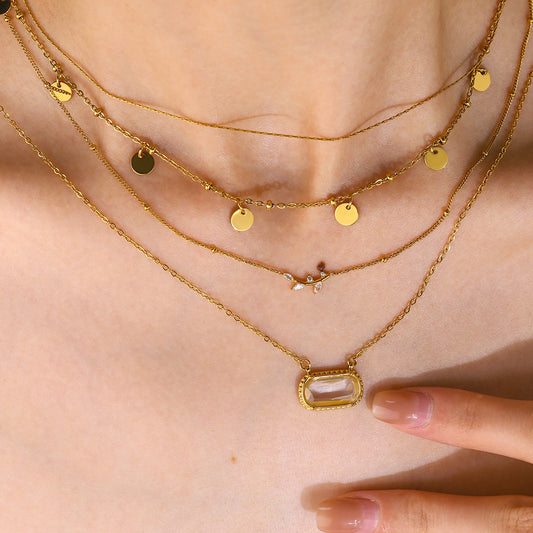 18K Gold Plated Titanium Steel Crystal Pendant Multi-layer Necklace Set - Fashion Jewelry
