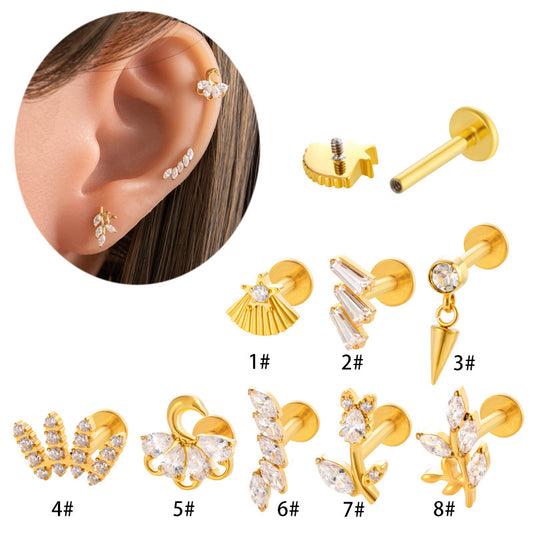 F136 Titanium Internally Threaded Cartilage Studs | Zircon Flower, Swan & Cone Lip Piercing Jewelry