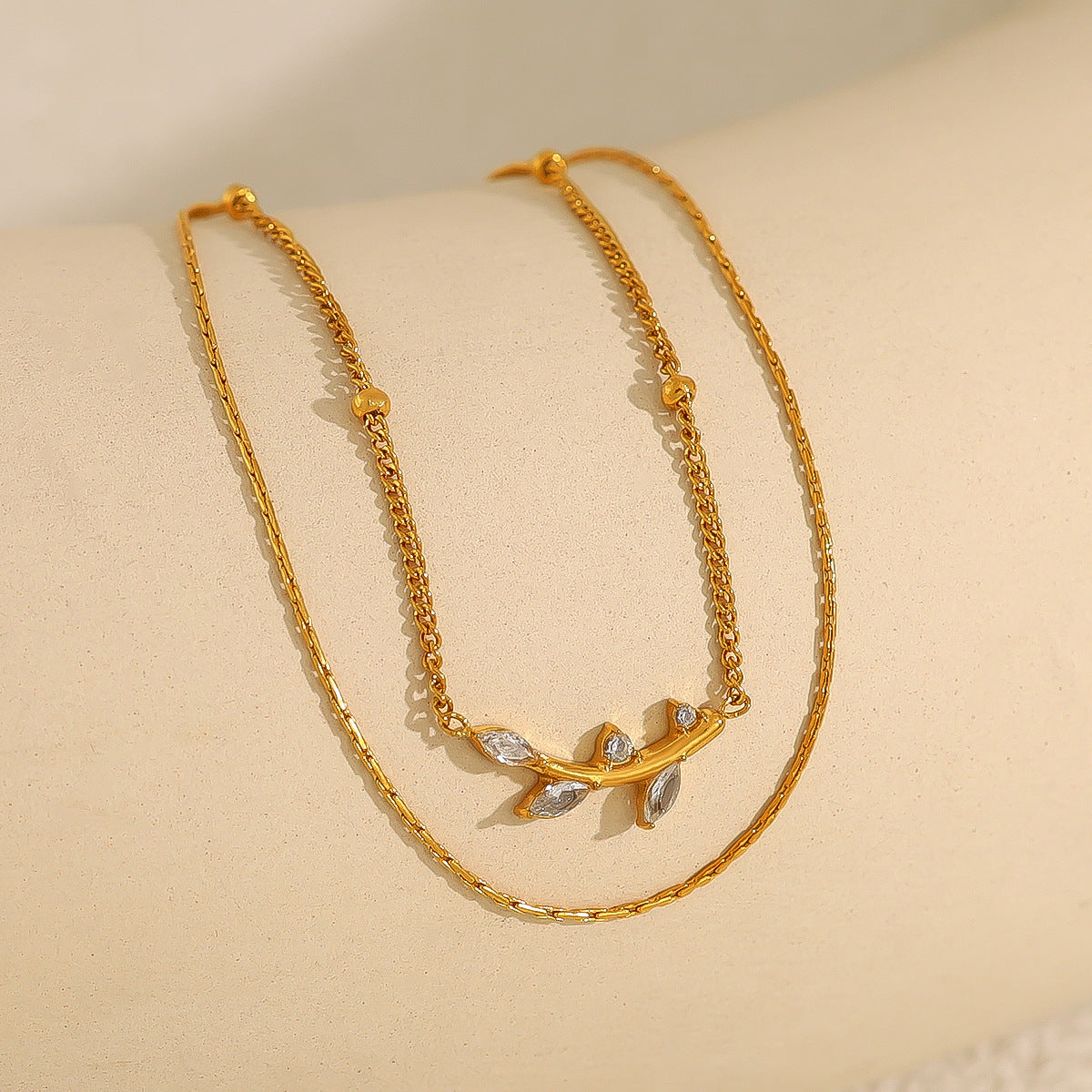 18K Gold Plated Titanium Steel Olive Leaf Pendant Necklace with Double Layered Crystal | Elegant Fashion Jewelry