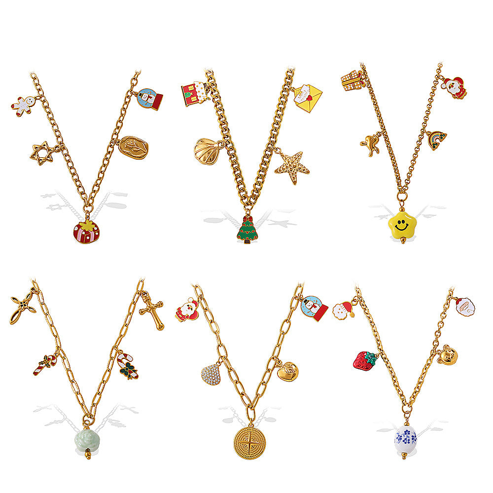 Gold Stainless Steel Christmas Holiday Pendant Tassel Necklace | Festive Fashion Jewelry