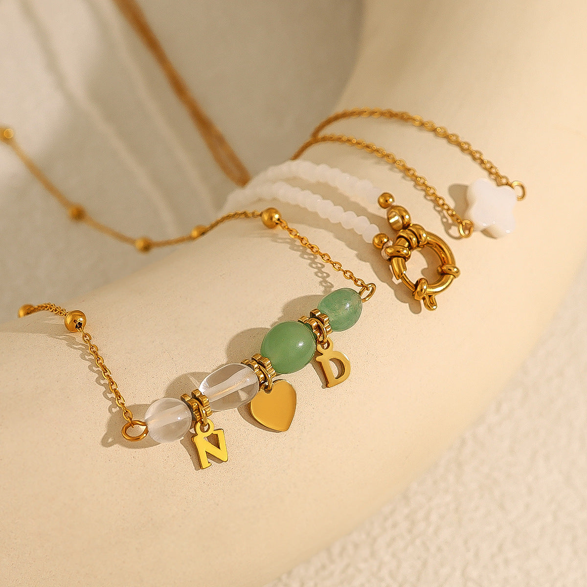 18K Gold Plated Titanium Steel Beaded Heart Pendant Necklace | Fashion Jewelry Set