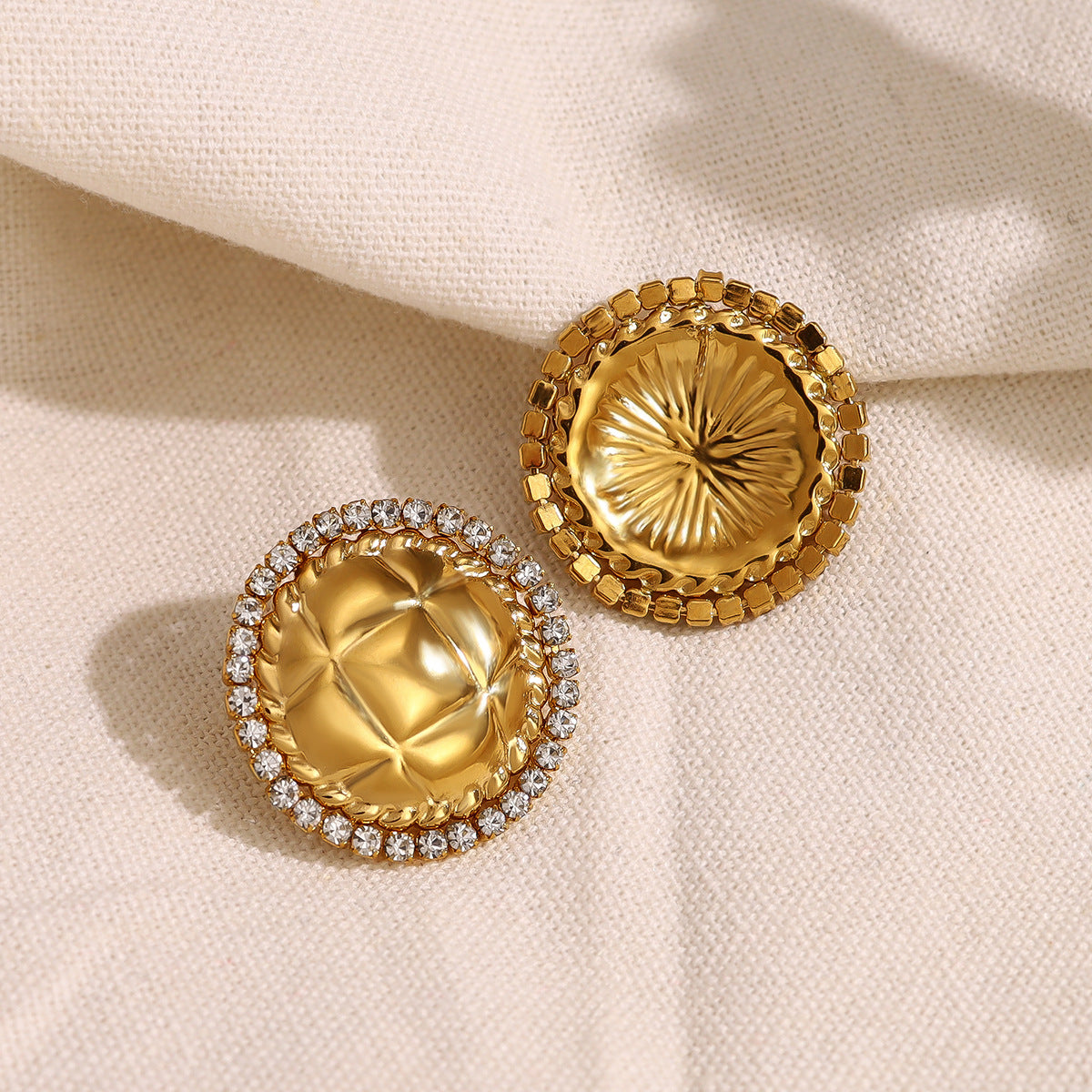 Stainless Steel Crystal Geometric Round Earrings – Textured Luxury Statement Hoop Earrings for Women