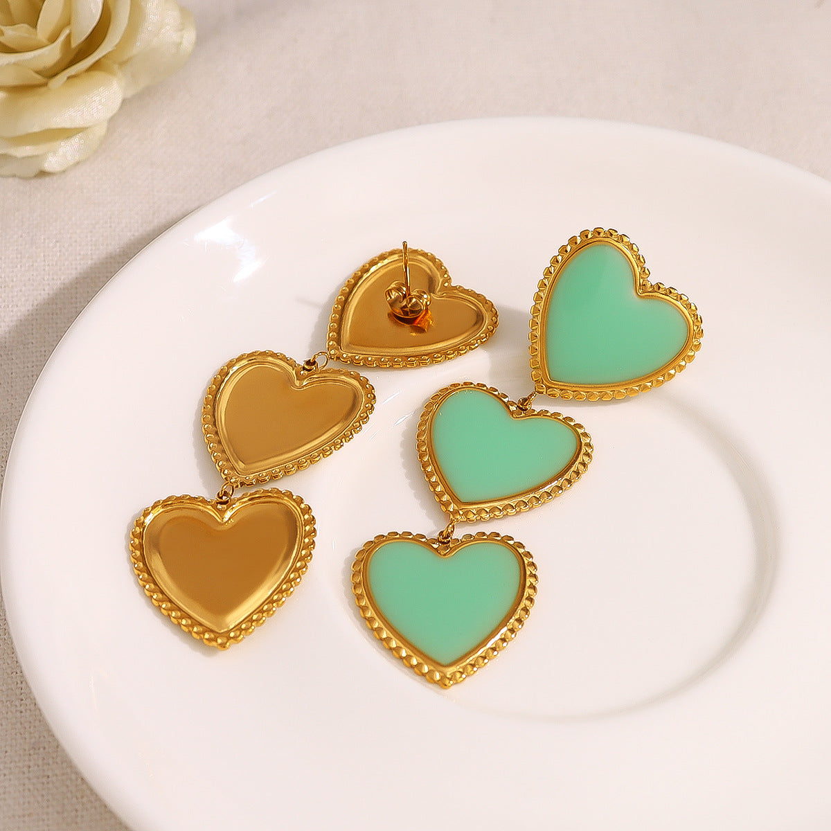 Retro Green Enamel Heart Tassel Drop Earrings – Long Stainless Steel Statement Earrings | WANTI Jewelry