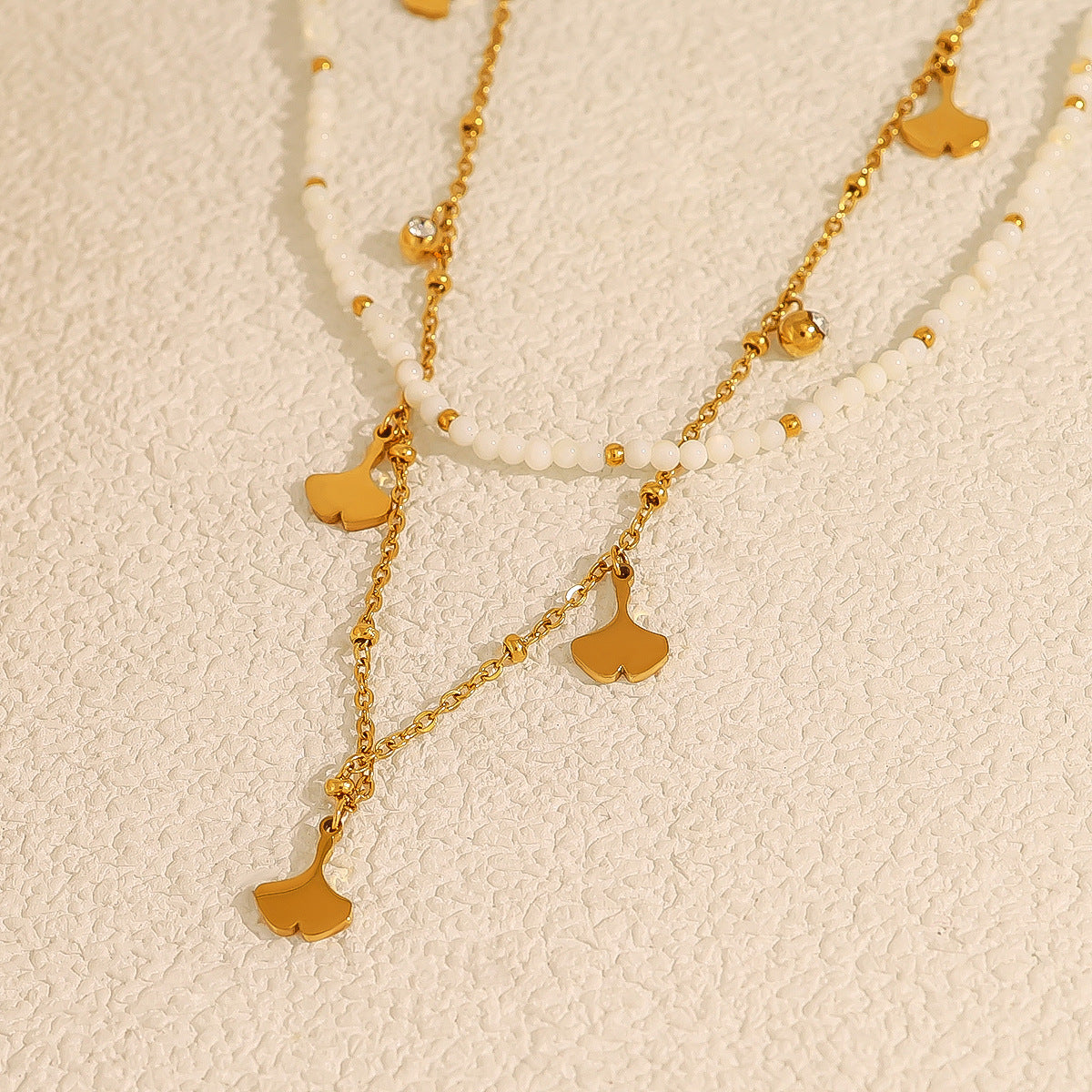 18K Gold Plated Titanium Steel Shell Bead Ginkgo Leaf Crystal Pendant Necklace - Simple Fashion Jewelry