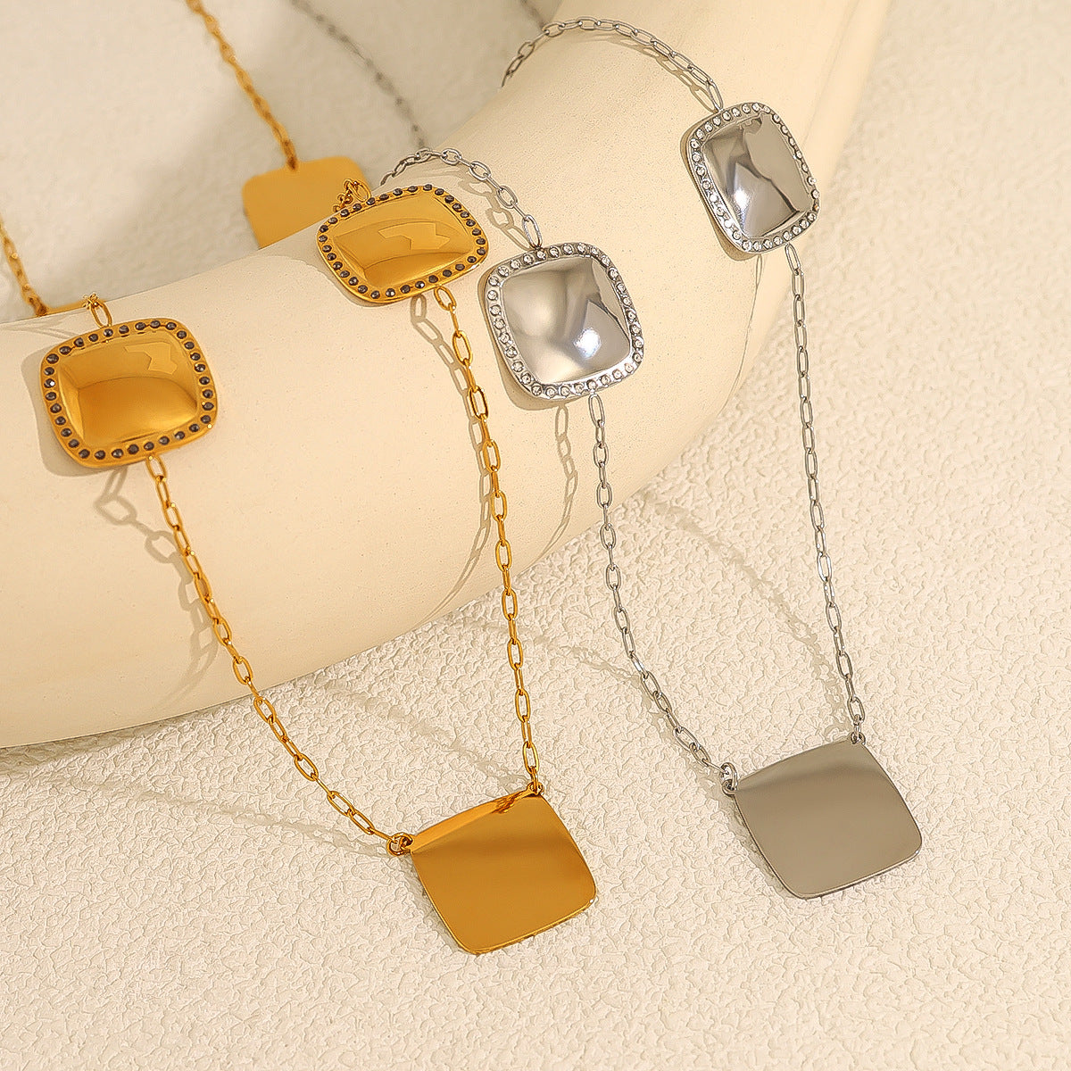 Square Crystal Inlay Long Necklace – 18K Gold-Plated Titanium Steel Jewelry