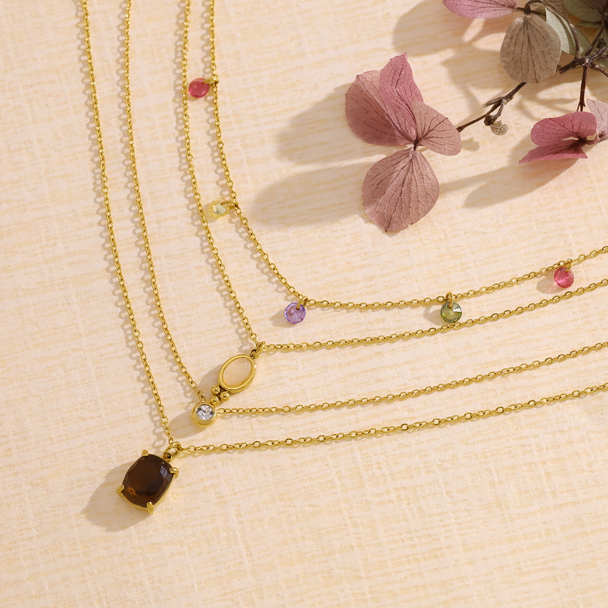 18K Gold Plated Stainless Steel Oval & Round Crystal Pendant Necklace | Colorful Zircon & Rose Quartz Jewelry for Women