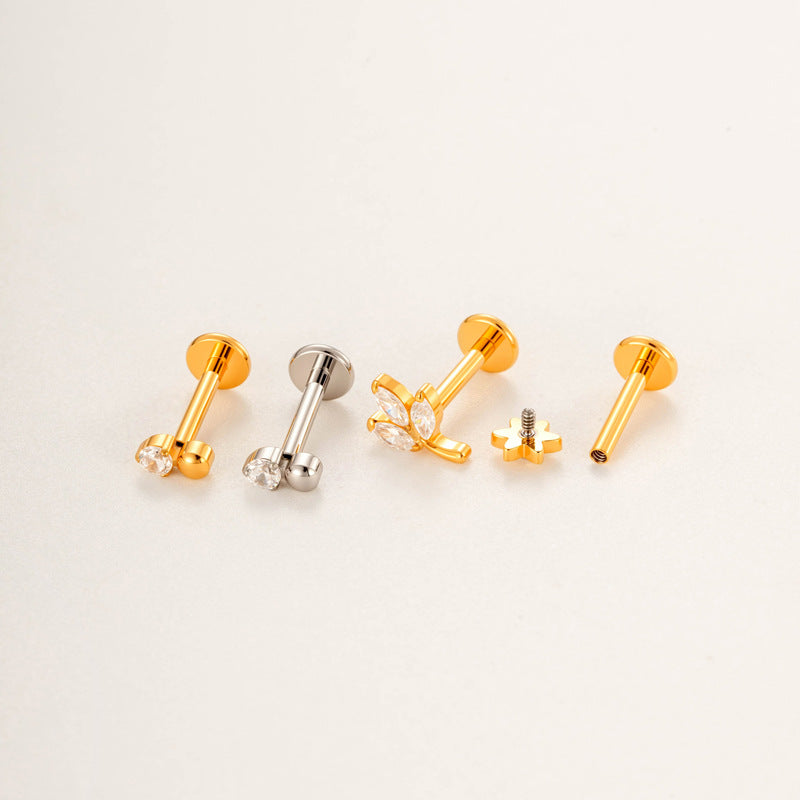 G23/F136 Titanium Internally Threaded Flat Back Lip Studs Cactus Star Flower Piercing Jewelry – Hypoallergenic Cartilage Earrings for Daily & Professional Use