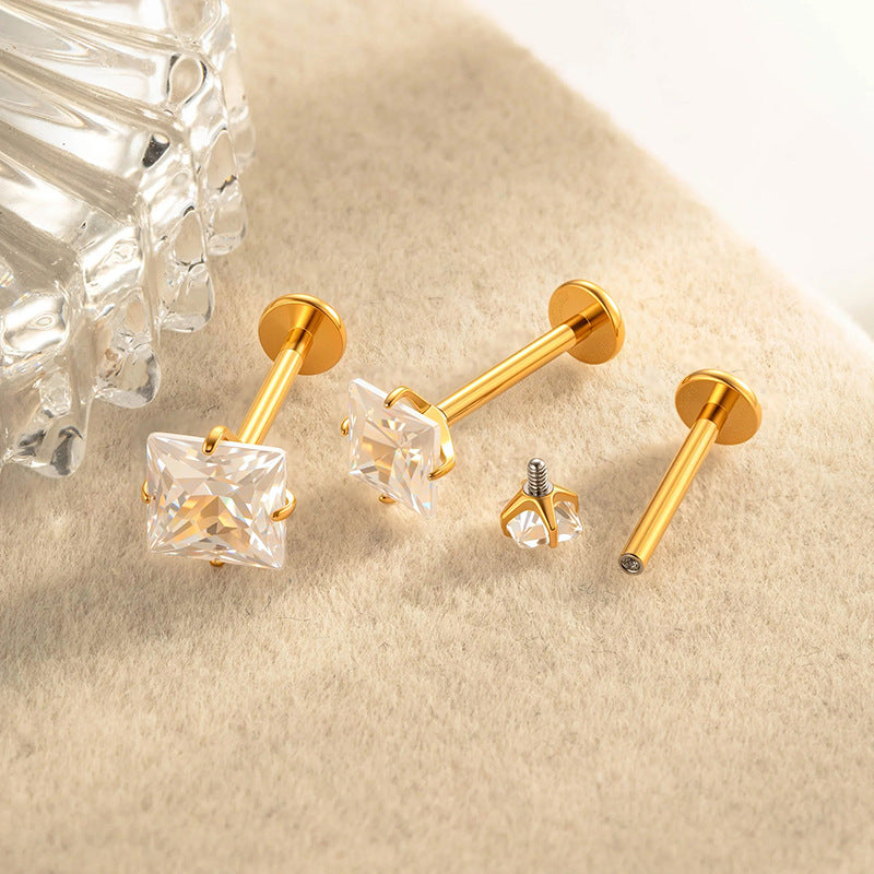 G23/F136 Titanium CZ Internally Threaded Flat-Back Cartilage Stud Earrings – Square, Round Series
