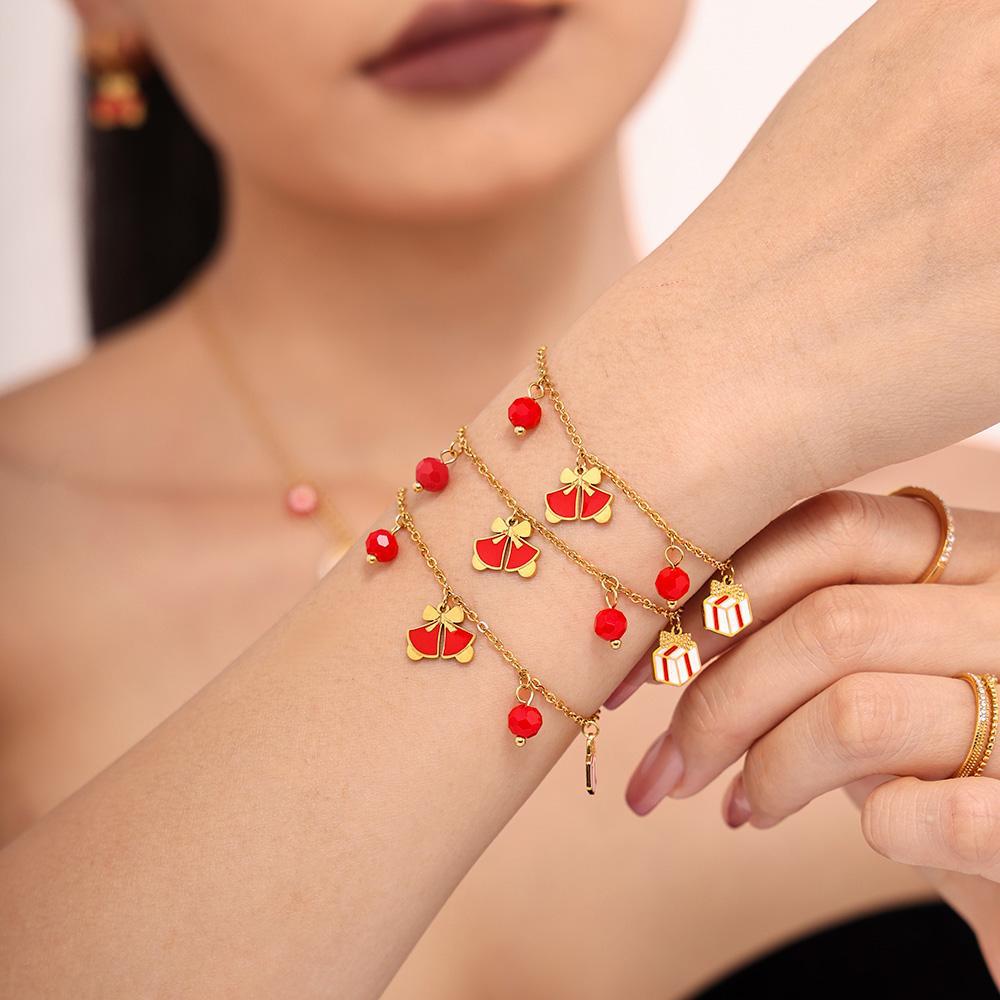 Gold Plated Stainless Steel Double-Layer Bell & Apple Gift Necklace & Bracelet – Garnet Drop