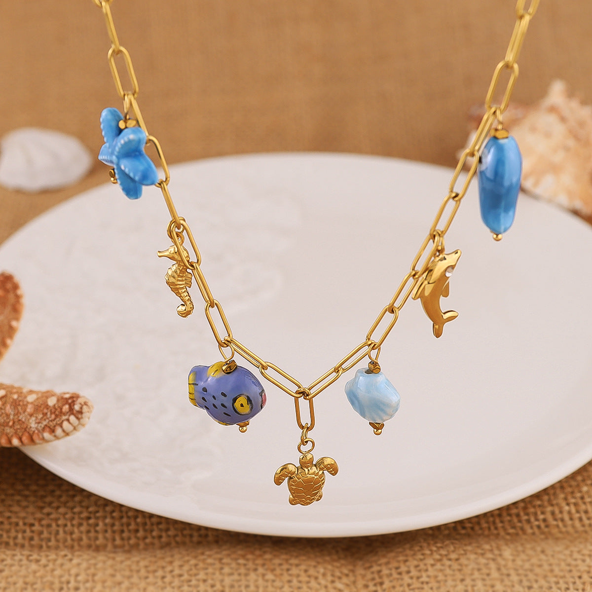 18K Gold Plated Titanium Steel Ocean Pendant Necklace | Seahorse, Starfish, Shell, Turtle, Fish & Dolphin Designs