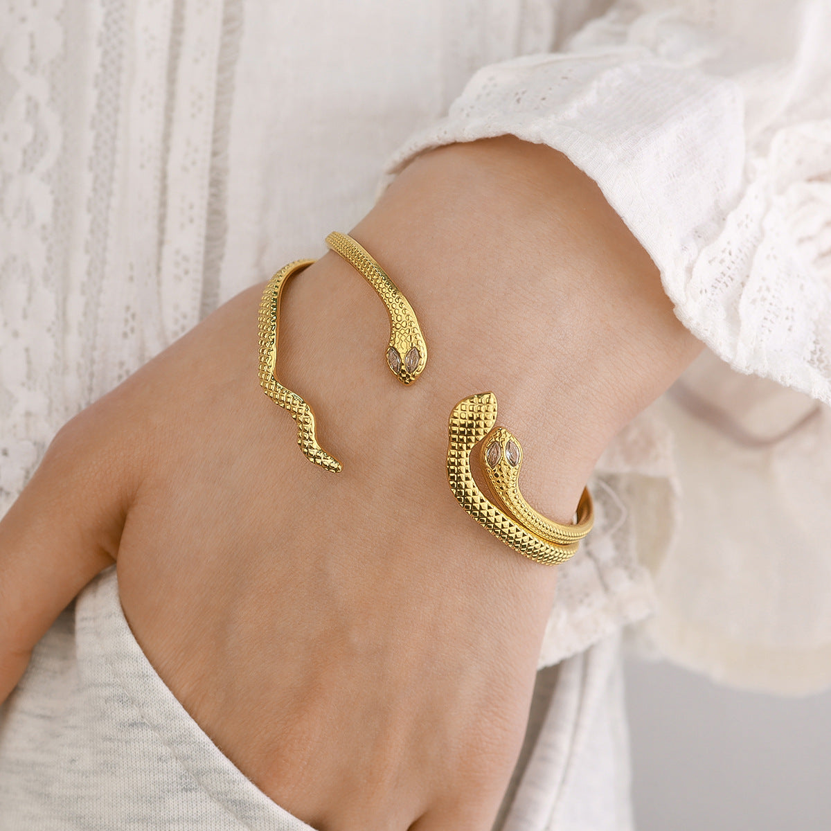 18K Gold-Plated Stainless Steel Zircon Snake Cuff Bracelet | Elegant Serpentine Bangle