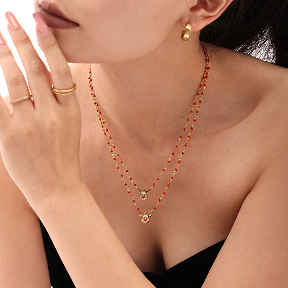 Gold Stainless Steel Christmas Bell & Reindeer Zircon Pendant Necklace | Festive Holiday Jewelry Gift