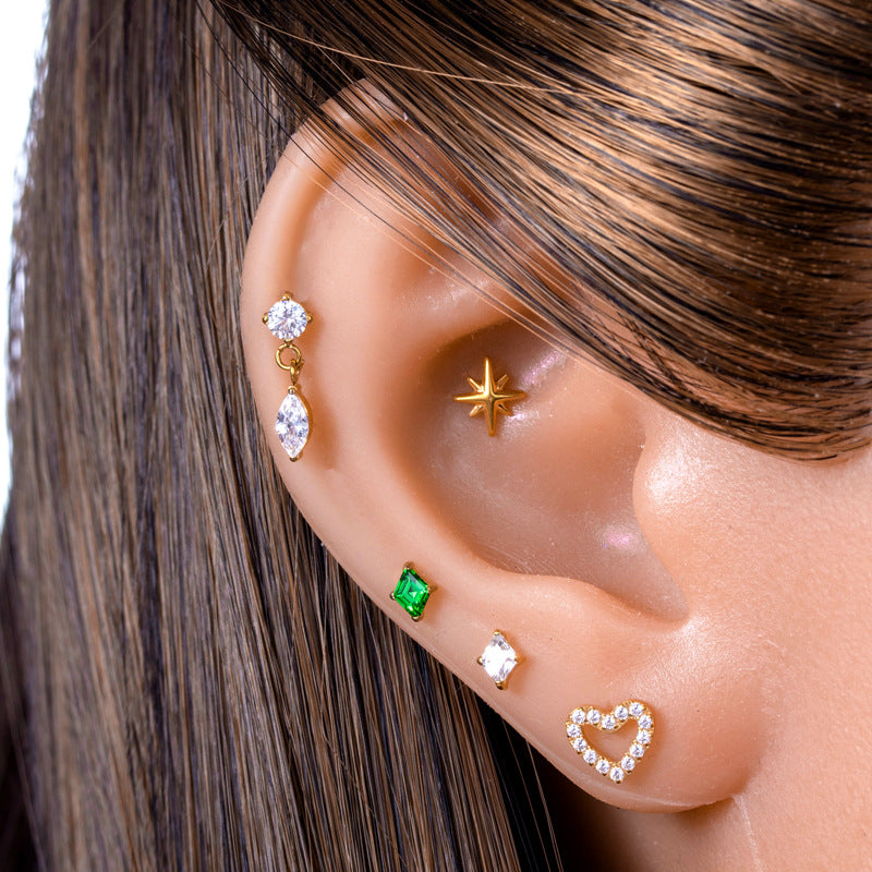 F136/G23 Titanium Zircon Push-Pin Labret & Cartilage Stud — Heart, Round, Star, Oval, Green/White/Champagne Marquise