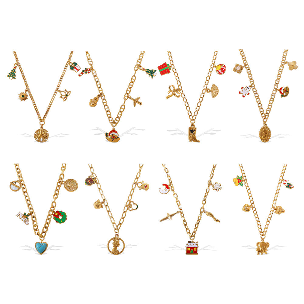 Halloween Christmas Gold Plated Stainless Steel Necklace - Heart Tree Tassel Pendant - Drip Oil Design - Minimalist Fashion Jewelry for Women